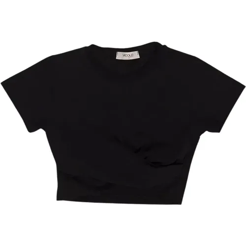Schwarzes Gekürztes Kinder T-Shirt mit Gerafftem Detail - ViCOLO - Modalova