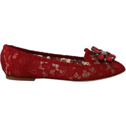 Rote Spitze Ballettflats mit Kristall-Schnalle , Damen, Größe: 36 EU - Dolce & Gabbana - Modalova