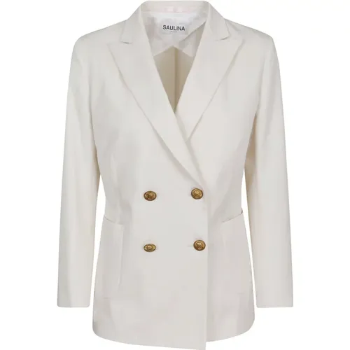 Double-Breasted Ivory Jacket with Golden Buttons , female, Sizes: S, M - Saulina - Modalova