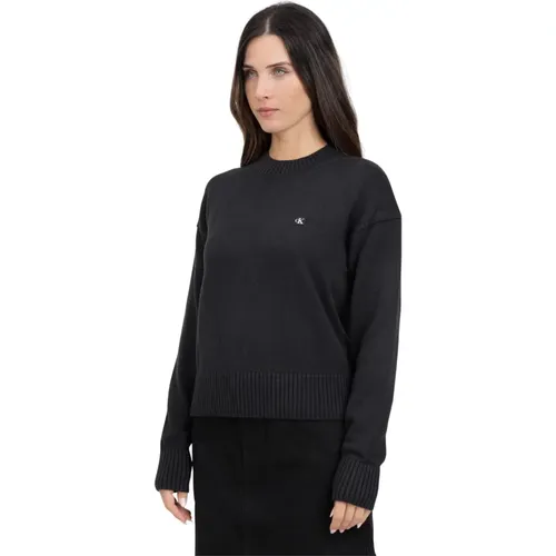 Schwarzer Rundhals-Strickpullover mit CK-Monogramm , Damen, Größe: L - Calvin Klein Jeans - Modalova