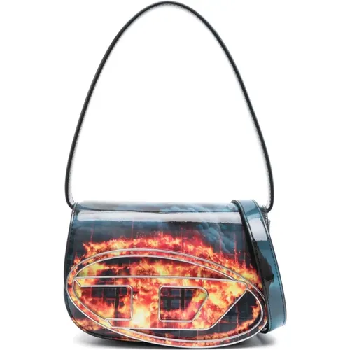 Flame Print Blue Orange Shoulder Bag , female, Sizes: ONE SIZE - Diesel - Modalova