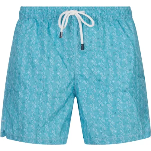 Beachwear, male, , Size: XL Blue Swim Shorts with Micro Pattern - Fedeli - Modalova