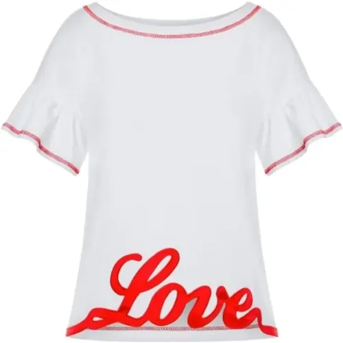 Ruched Sleeve Logo T-shirt Cotton Embroidery , female, Sizes: XS - Moschino - Modalova