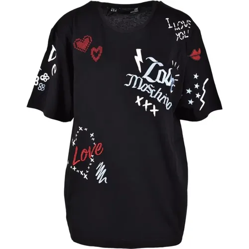 Schwarzes Bedrucktes T-Shirt Kurzarm - Love Moschino - Modalova