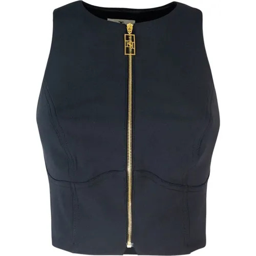 Schwarzes Slim Fit Top mit Monogramm-Futter,Schwarzes Crop Top mit Olympischem Ausschnitt - Elisabetta Franchi - Modalova