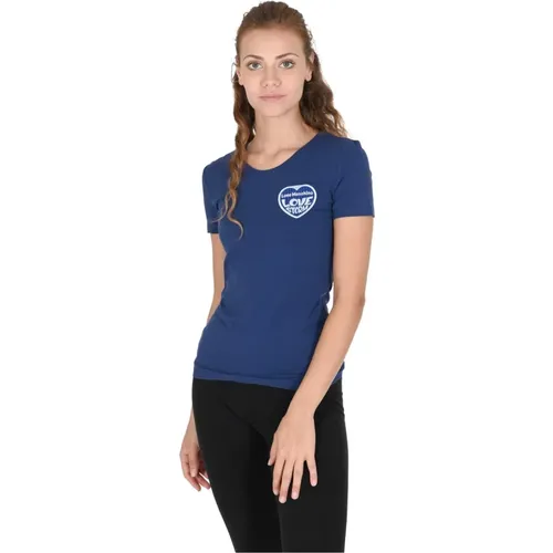 Blaues Baumwoll-Spandex T-Shirt , Damen, Größe: XS - Love Moschino - Modalova