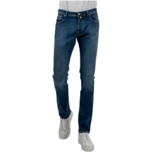 Slim-fit Verwaschene Dunkelblaue Jeans mit Gelbem Patch , Herren, Größe: W36 - Jacob Cohën - Modalova