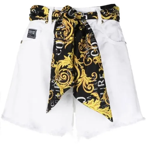 High-waisted Logo Print Denim Shorts with Bow - 28 , female, Sizes: W26, W30, W28 - Versace Jeans Couture - Modalova