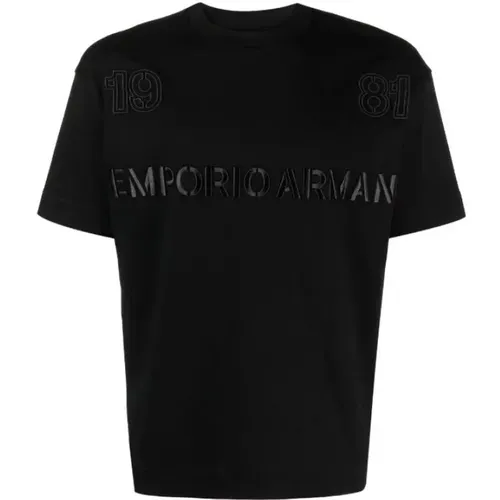 Schwarzes T-Shirt mit Stickerei - Emporio Armani - Modalova