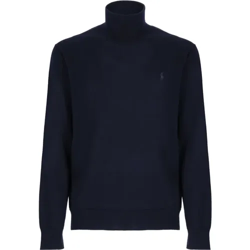 Blauer Wollpullover mit hohem Kragen und gesticktem Pony , Herren, Größe: M - Ralph Lauren - Modalova