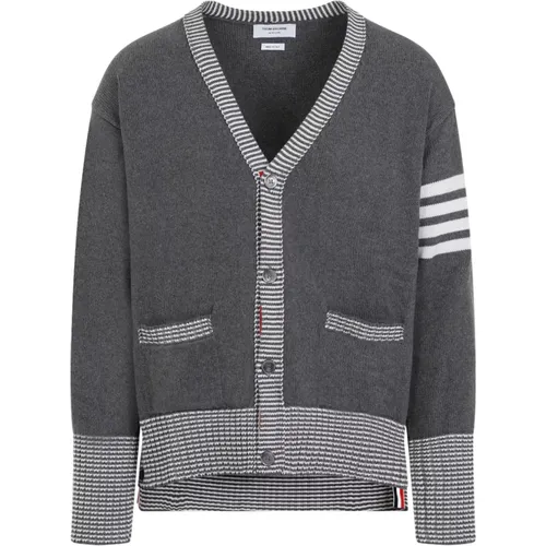 Cardigans, male, , Size: L Grey V-Neck Cardigan Sweater - Thom Browne - Modalova