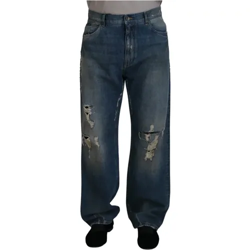 Straight Jeans, male, , Size: M Tattered Denim Jeans - Dolce & Gabbana - Modalova