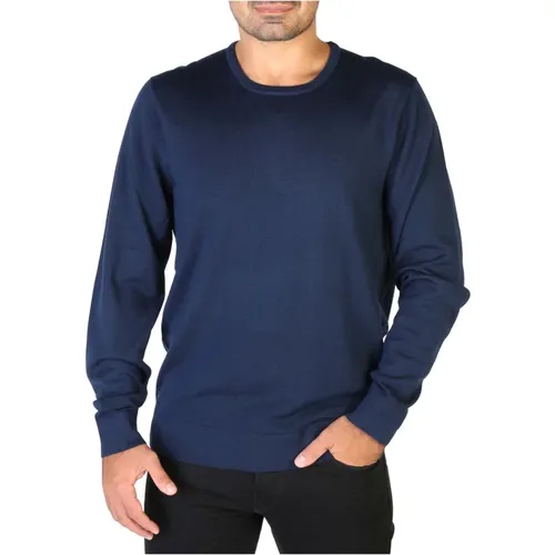 Blauer Herrenpullover, 100% Wolle, Rundhalsausschnitt, Lange Ärmel, Maschinenwaschbar - Calvin Klein - Modalova