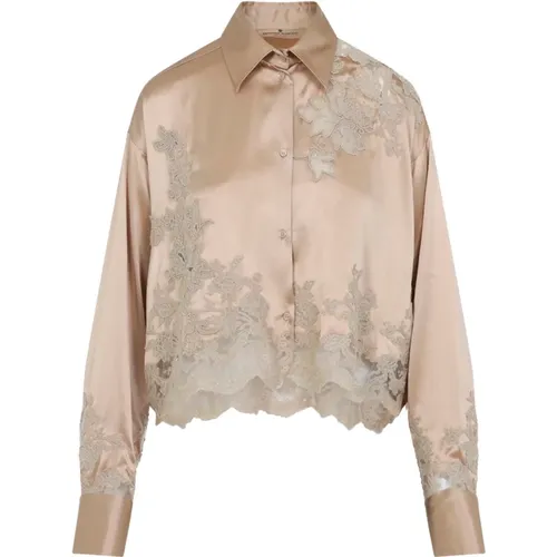Shirts, female, , Size: 2XS Stretch Silk Satin Shirt with Lace Inserts - Ermanno Scervino - Modalova