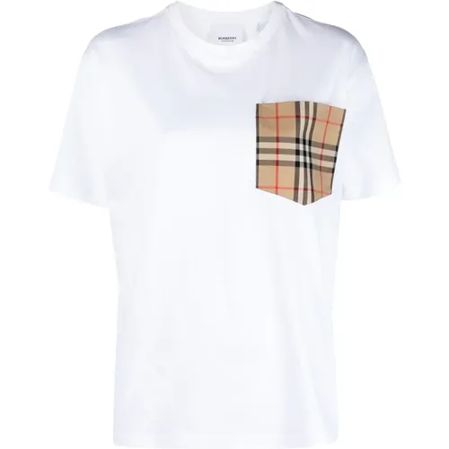 Weiße T-Shirts und Polos mit Karo-Tasche , Damen, Größe: M - Burberry - Modalova