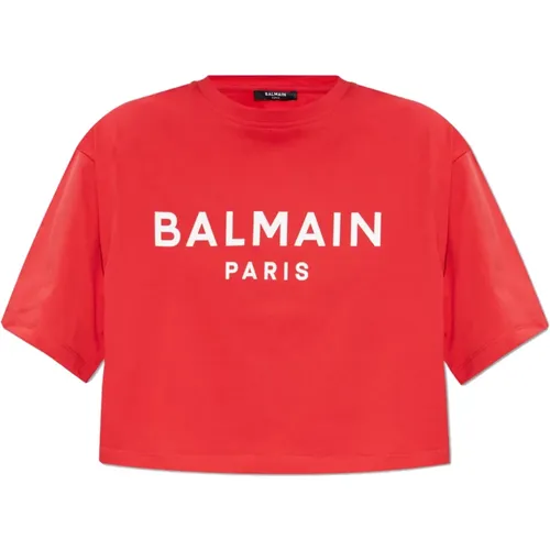 Kurzes T-Shirt mit bedrucktem Logo , Damen, Größe: 2XS - Balmain - Modalova