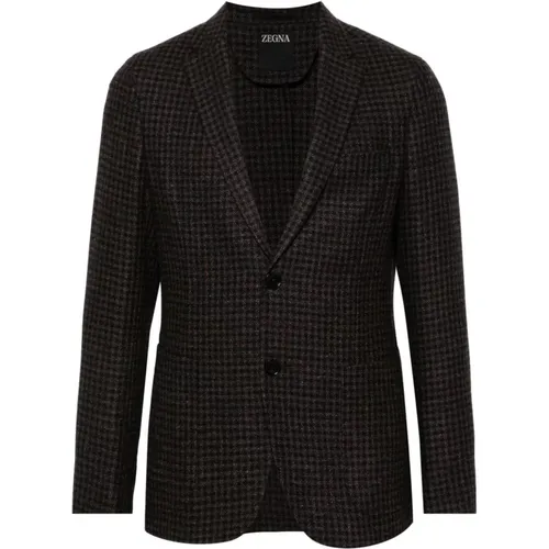 Blazers, male, , Size: M Houndstooth Linen-Wool Blend Jacket - Ermenegildo Zegna - Modalova