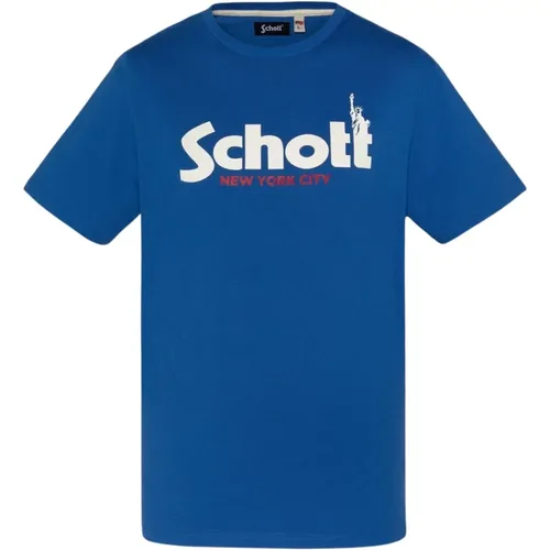Baumwoll Logo TShirt Blau Rundhals Kurzarm , Herren, Größe: L - Schott NYC - Modalova