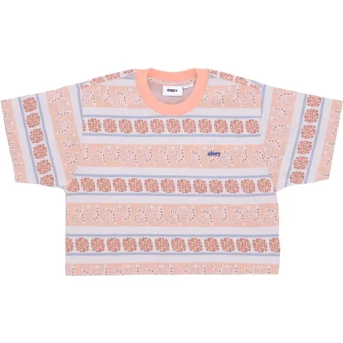 T-Shirts, female, , Size: M Striped Crop Tee Peach Sand Multi - Obey - Modalova