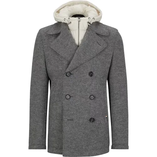 Blazers, male, , Size: M Slim Wool Coat with Double-Breasted Closure and Hooded Zipper - Hugo Boss - Modalova