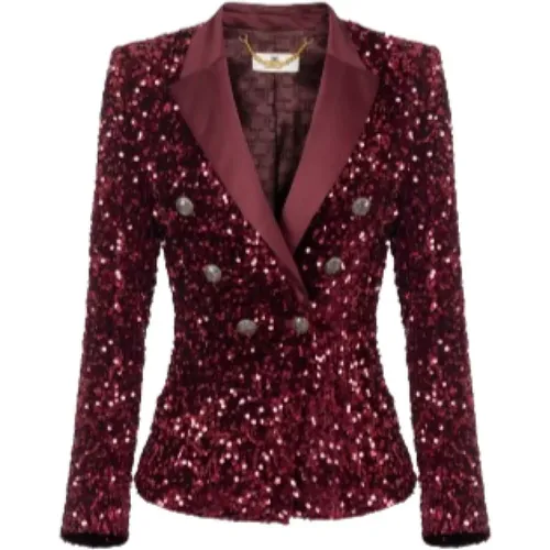 Burgundy Sequin Embroidered Double-Breasted Jacket , female, Sizes: M, L, S - Elisabetta Franchi - Modalova