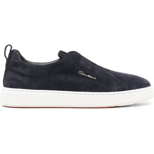 Sneakers, male, , Size: 10 US Navy Suede Logo Sneakers - Santoni - Modalova