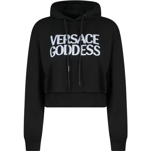 Crop Fit Cotton Hoodie Sweatshirt , female, Sizes: 2XS - Versace - Modalova