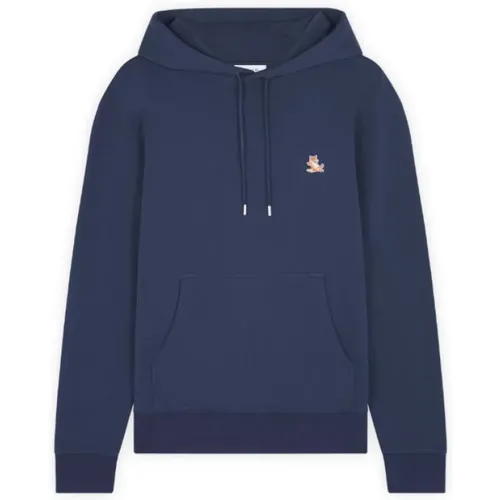 Blaue Baumwollhoodie mit Kleinem Kontrastlogo , Herren, Größe: L - Maison Kitsuné - Modalova