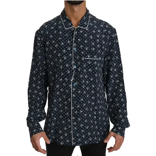 Casual Shirts, male, , Size: XL Blue Skull Print Silk Top Sleepwear Shirt - Dolce & Gabbana - Modalova