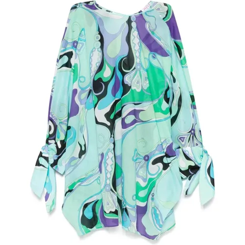 Short Dresses, female, , Size: ONE SIZE Turquoise Blue-Green Dolman Sleeves Dress - EMILIO PUCCI - Modalova