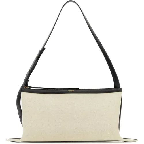 Shoulder Bags, female, , Size: ONE SIZE Two-tone canvas and leather medium Empire shoulder bag - Jil Sander - Modalova