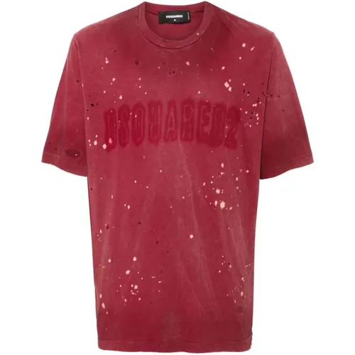 Distressed Logo Print Crew Neck Tee , male, Sizes: S, L, 2XL, XL, M - Dsquared2 - Modalova