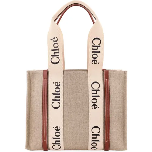 Tote Bags, female, , Size: ONE SIZE Woody tote bag in linen - Chloé - Modalova