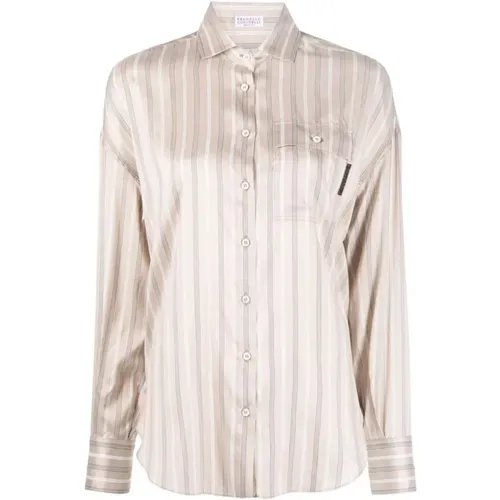 Silk Shirt with Striped Print , female, Sizes: XS, M, L, S - BRUNELLO CUCINELLI - Modalova