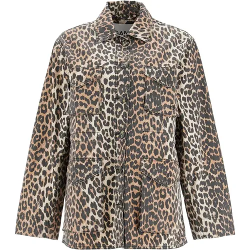 Leopard Print Canvas Overshirt , Damen, Größe: M - Ganni - Modalova