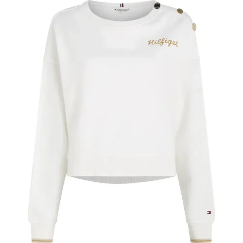 Eleganter Sweatshirt mit Knöpfen und Stickerei , Damen, Größe: L - Tommy Hilfiger - Modalova