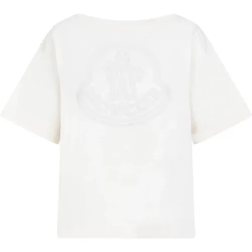 Weißes Baumwoll-T-Shirt Breiter Kragen , Damen, Größe: M - Moncler - Modalova