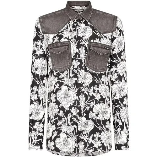 Blumenmusterhemd mit Denim-Details - Dolce & Gabbana - Modalova