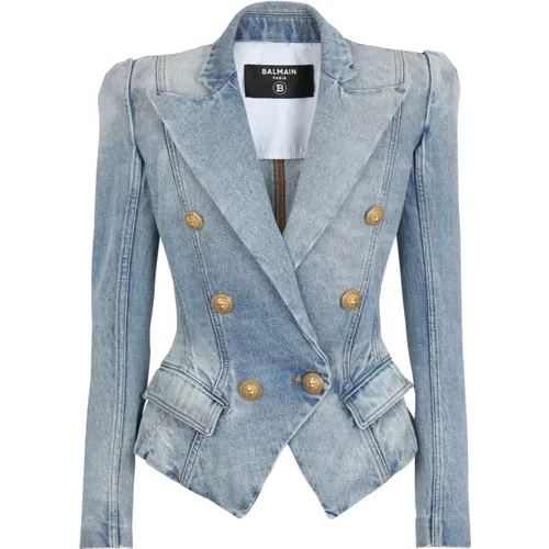 Blazers, female, , Size: XS Slim-fit faded denim tailored jacket - Balmain - Modalova