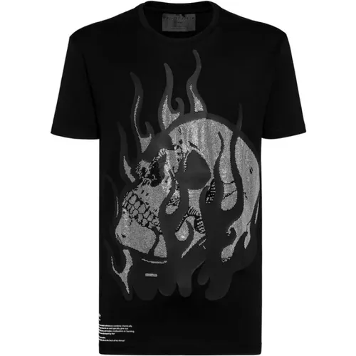 T-Shirts, male, , Size: S Skull on Fire T-Shirt with Rhinestone Decoration - Philipp Plein - Modalova