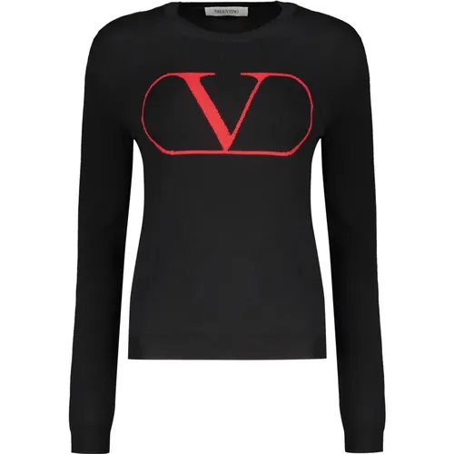 Gerippter Woll-Crew-Neck-Pullover mit Logo , Damen, Größe: XS - Valentino - Modalova