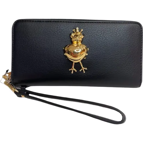 Wallets & Cardholders, female, , Size: ONE SIZE Zip Around Wallet with Gold Metal Frog Applique - Love Moschino - Modalova