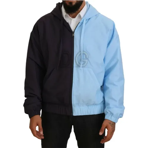 Zip-throughs, male, , Size: L Blue Hooded Full Zip Men Jacket - Dolce & Gabbana - Modalova