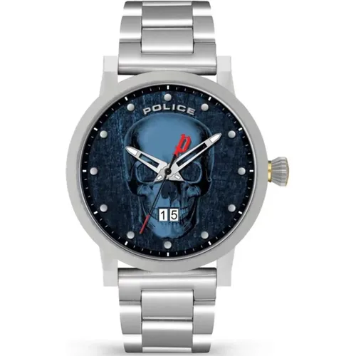 Watches, male, , Size: ONE SIZE Stainless Steel Grey Watch with Blue Dial - Police - Modalova