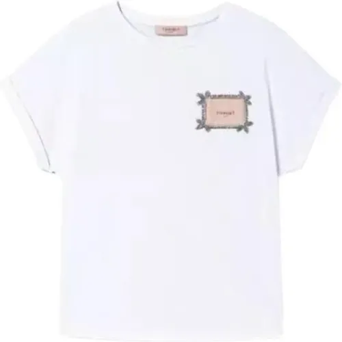 Cotton T-shirt with Logo Embroidery and Rhinestones , female, Sizes: M - Twinset - Modalova