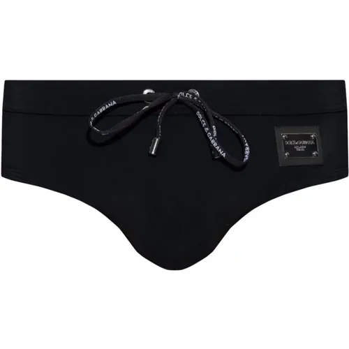Strandbekleidung, Schwarze Badehose mit bestickten Schnüren und Logo-Applikation - Dolce & Gabbana - Modalova