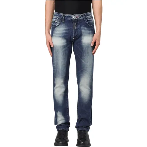Slim-fit Jeans, male, , Size: W33 Grey Distressed Slim Fit Jeans - Philipp Plein - Modalova