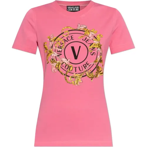 T-Shirts, female, , Size: 2XS T-shirt with print and shimmering appliqués - Versace Jeans Couture - Modalova