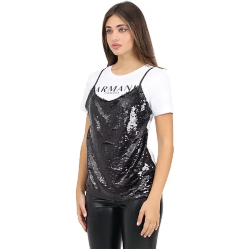 Pailletten-Overlay Weiße T-Shirt Frau , Damen, Größe: XL - Armani Exchange - Modalova