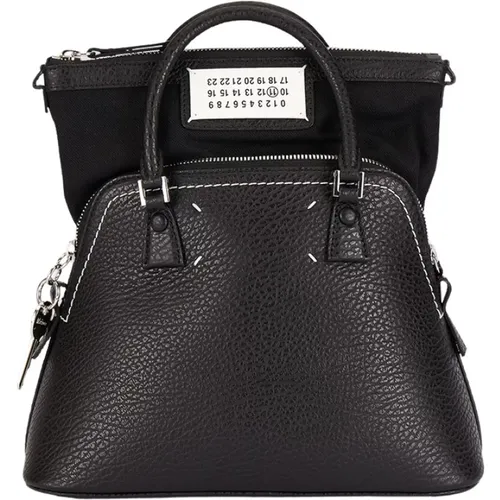 Schwarze Leder-Tote-Tasche mit Etikettendetail,Klassische Mini 5AC Handtasche,Schwarze 5AC Classic Mini Taschen - Maison Margiela - Modalova